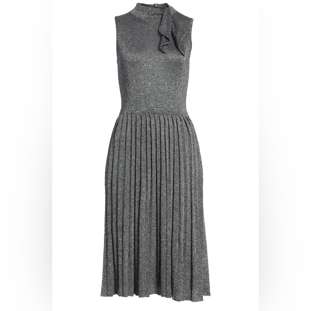 KATE SPADE Black/Silver Metallic Bow-Tie High Neck Knit Sweater Pleated Dress LG